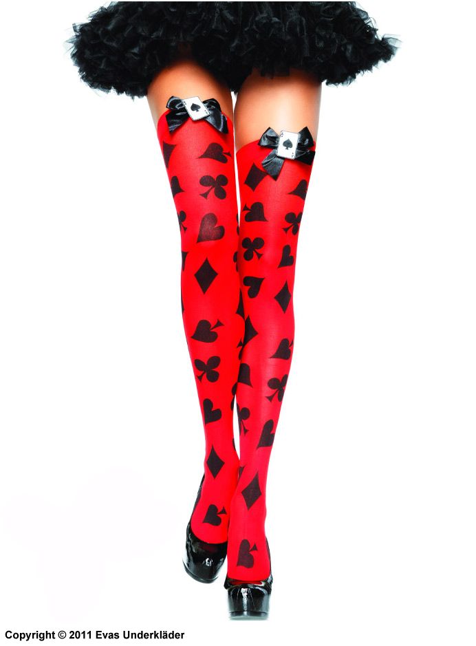 Opaque card print thigh highs with satin bow and applique